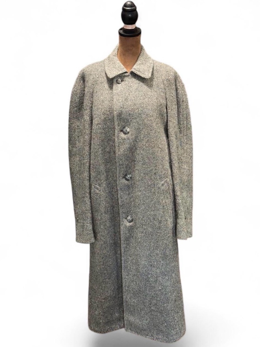 True Vintage Womens Gray Tweed Long Coat Classic Button Front Herringbone